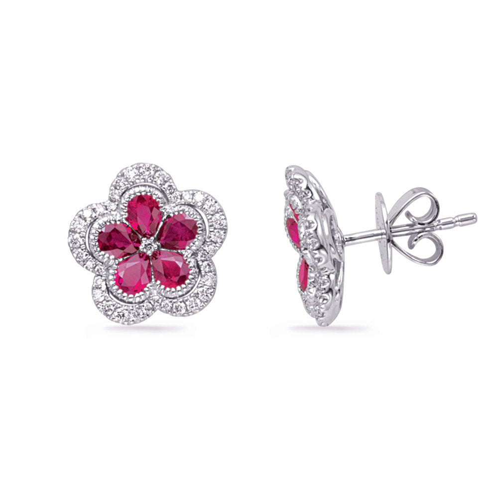 White Gold Diamond &amp; Ruby Earring