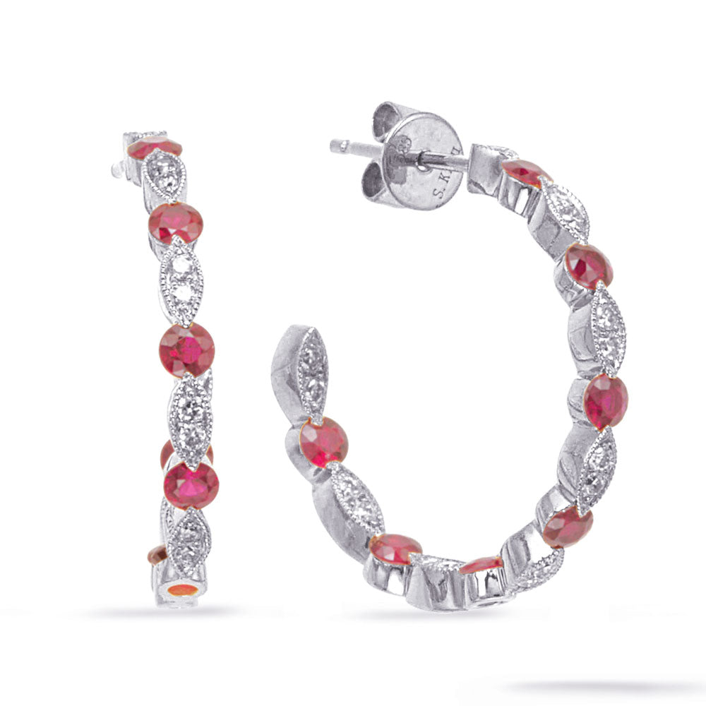 White  Gold Diamond &amp; Ruby Earring