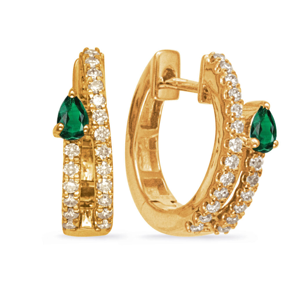 Yellow Gold Diamond &amp; Emerald Hoop Earr