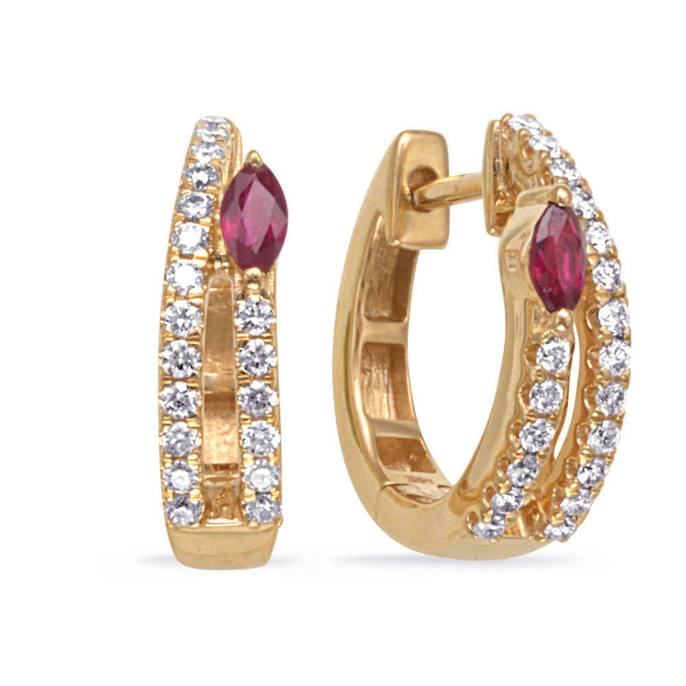 Yellow Gold &amp; Diamond Ruby Hoop Earring