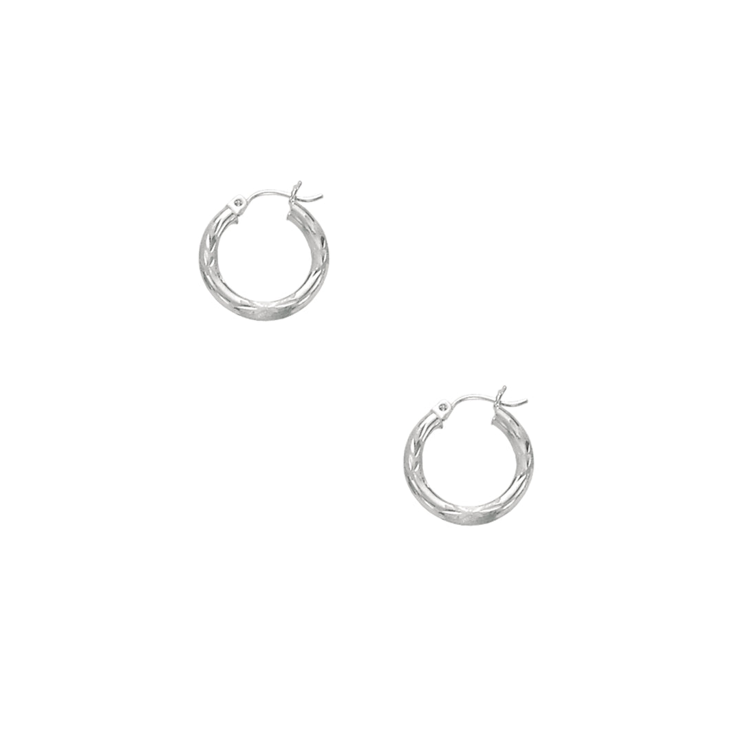14K White Gold 3mm Diamond Cut &amp; Polished Design Hoop Earring