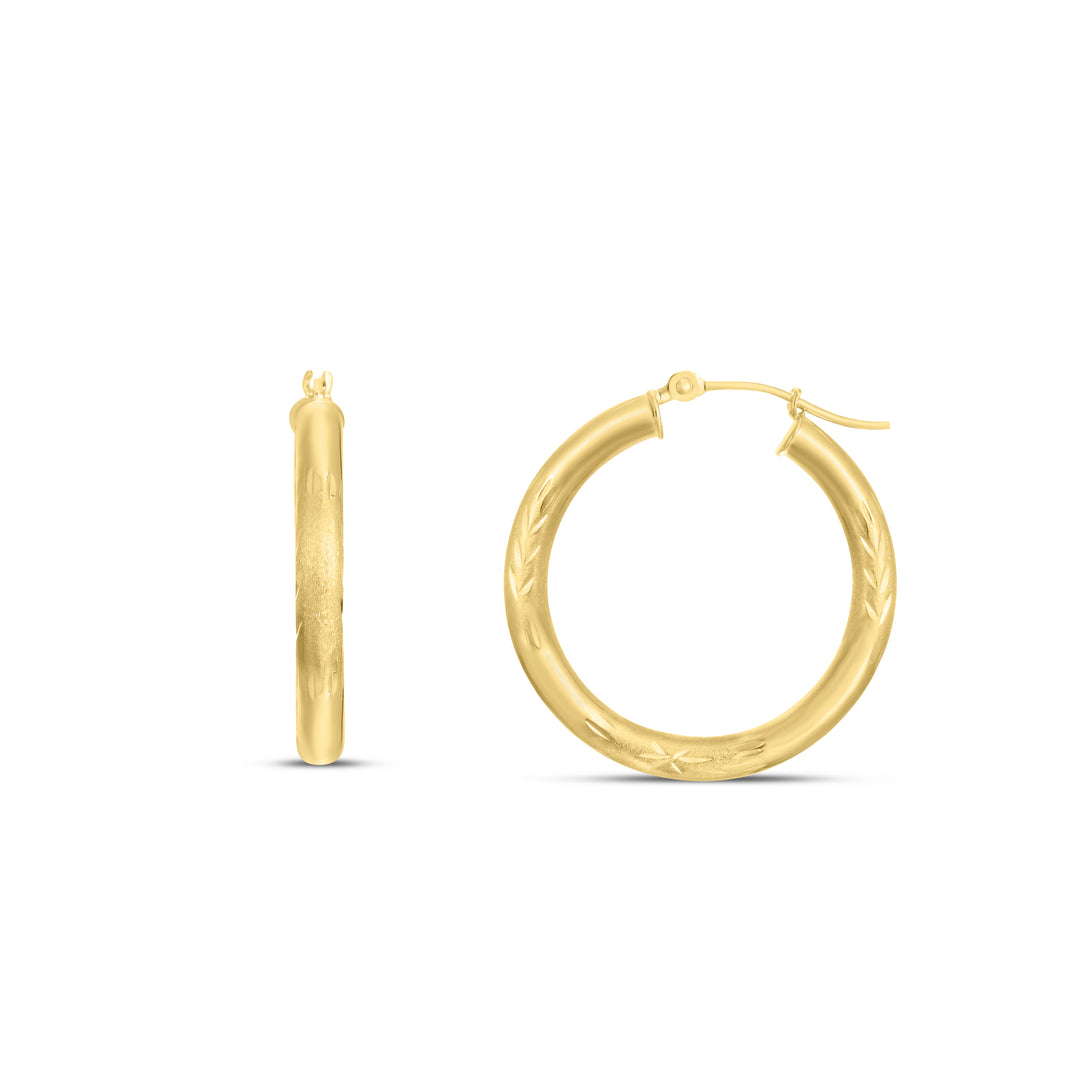 14K Yellow Gold 3mm Diamond Cut &amp; Polished Design Hoop Earring