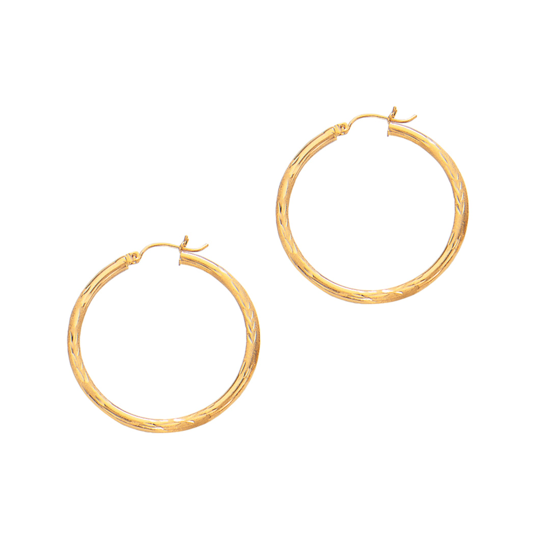 14K Yellow Gold 3mm Diamond Cut &amp; Polished Design Hoop Earring