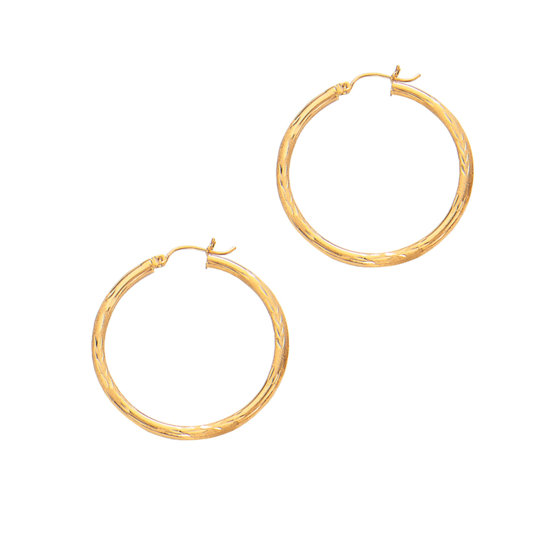 14K Yellow Gold 2x25mm Diamond Cut &amp; Polished Design Hoop Earring