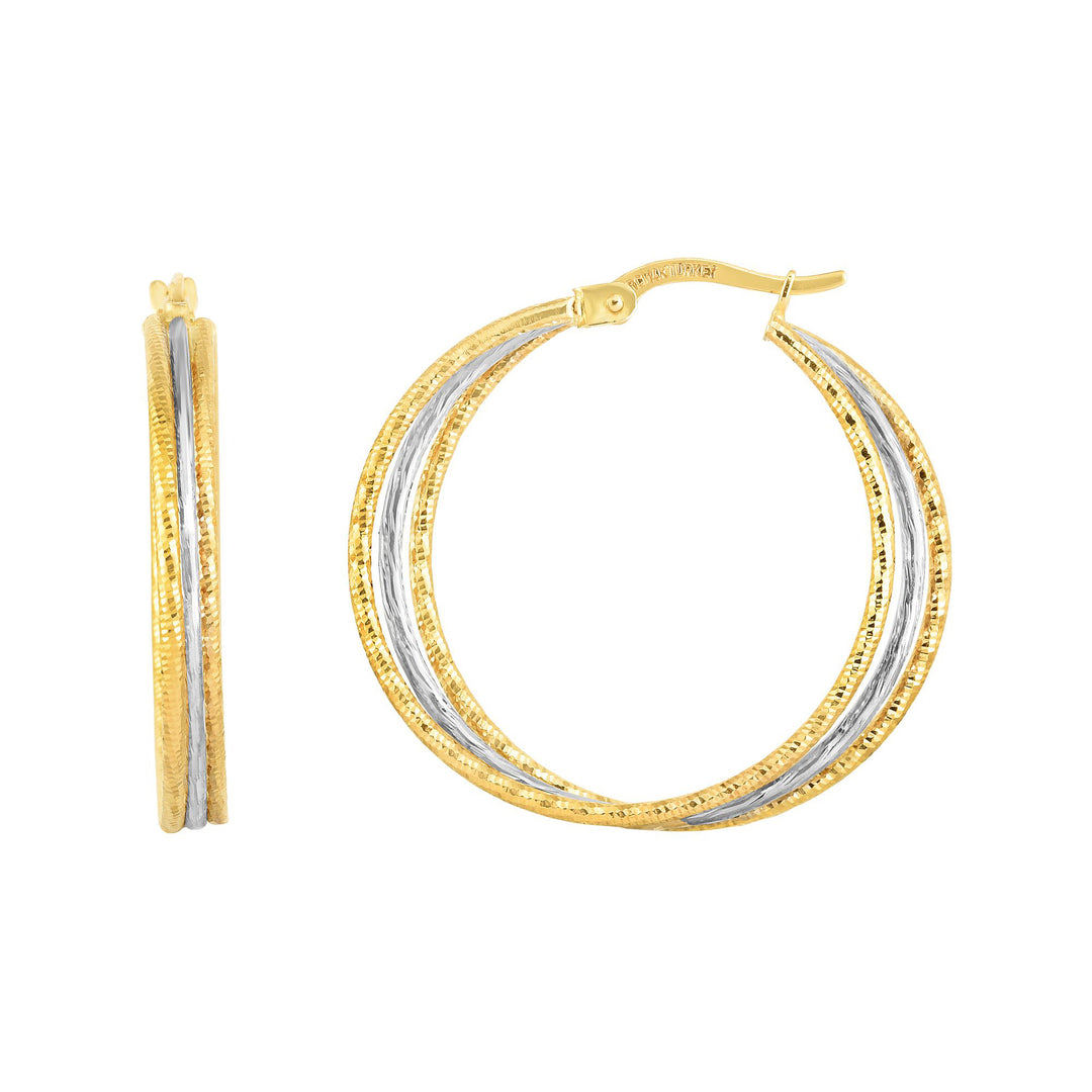 14K Gold Polished &amp; Diamond Cut Double Row Hoop Earring